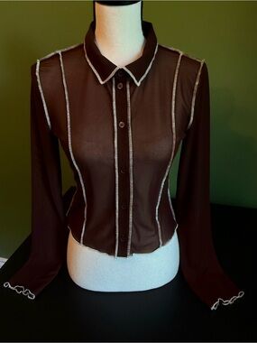 Sheer Brown H&M Contrast Trim Button-Front Women's Top - Small